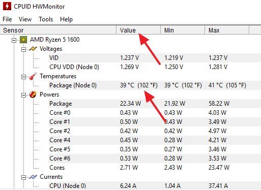 текущая температура ЦП в HWmonitor