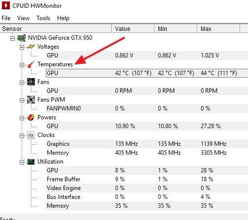 температура GPU в HWmonitor