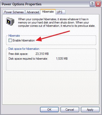 Удалем файл Hiberfil.sys в Windows XP
