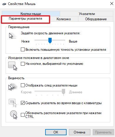 вкладка Параметры указателя
