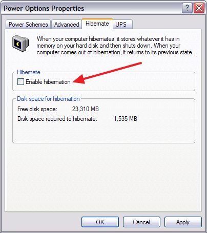 отключаем гибернацию в Windows XP