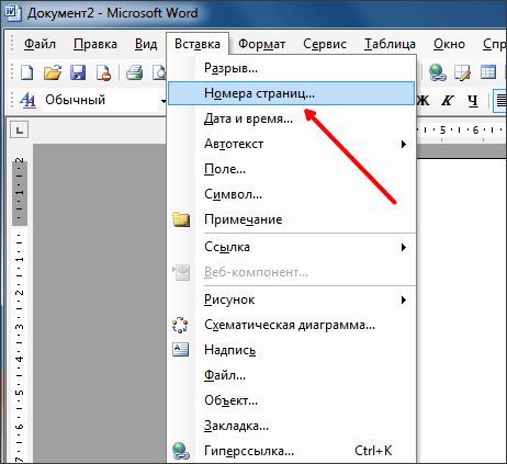 пункт Номера страниц в меню Вставка