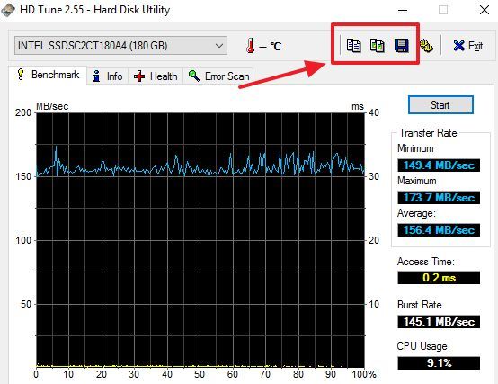кнопки для сохранения отчета о тестировании в программе HD Tune