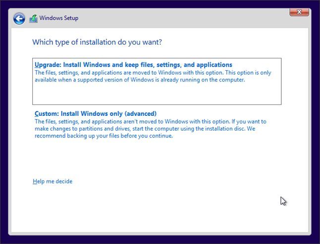 выбор способа установки Windows 10