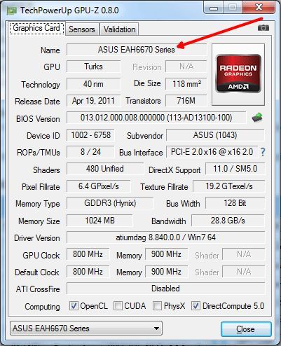 модель видеокарты в GPU-Z