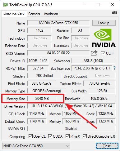 объем памяти видеокарты в программе GPU-Z