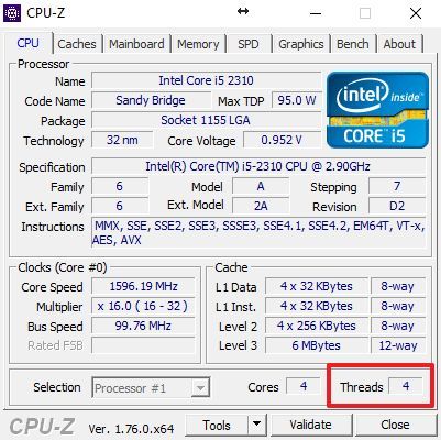количество потоков в CPU-Z