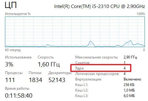 количество ядер в Диспетчере задач Windows 10