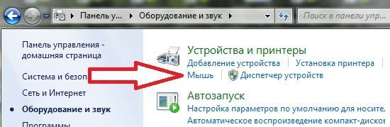 раздел Мышь в Панели управления