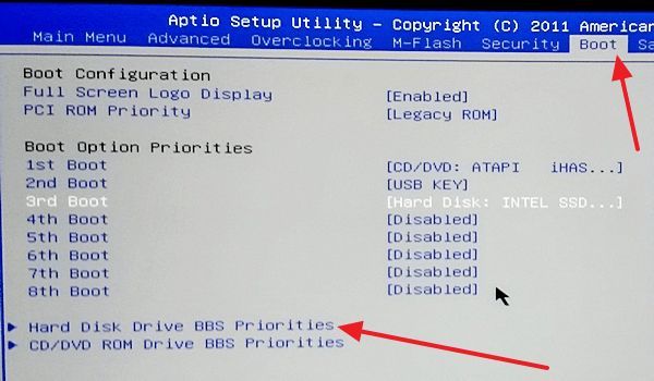 откройте пункт меню Hard Disk Drive BBS Priorities