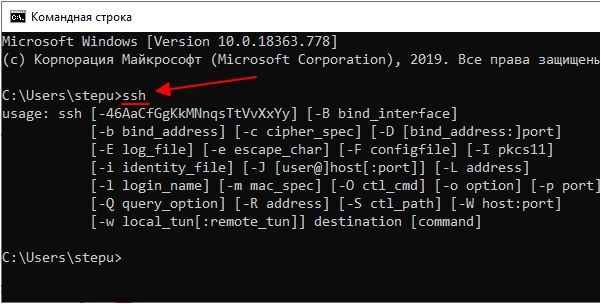 ssh в командной строке Windows 10