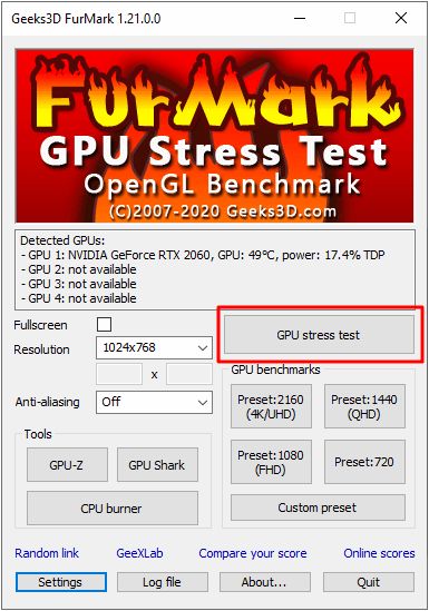 кнопка GPU Stress Test