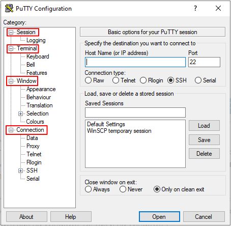 настройки программы PuTTY