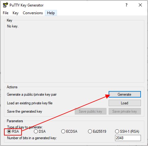 создание ключа в PuTTYgen