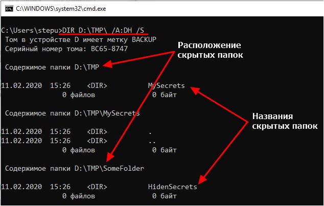 поиск скрытых папок с помощью DIR