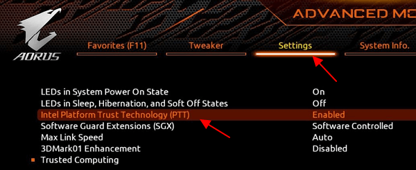 Settings – Intel Platform Trust Technology (PTT)