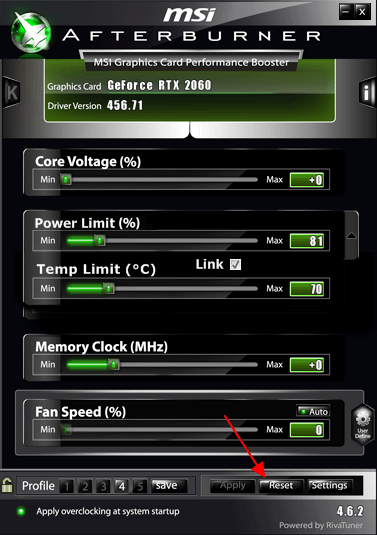 сбросить настройки видеокарты в MSI Afterburner